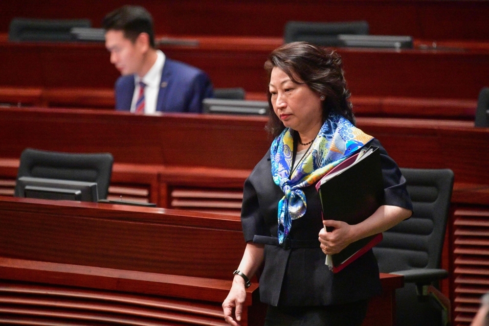 Hong Kong Justice Chief Teresa Cheng arrives before the official withdrawal of the extradition bill at the Legislative Council complex in Hong Kong on Wednesday. — AFP