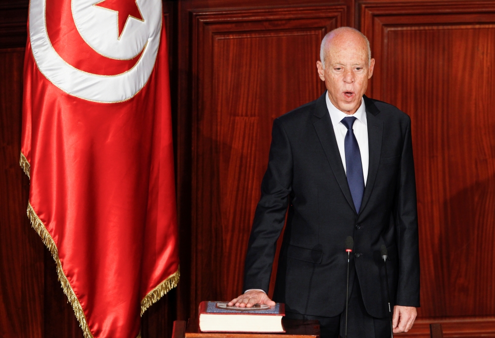 Tunisia's elected president Kais Saied takes the oath of office at the Assembly of People's Representatives in Tunis, Tunisia, on Wednesday. — Reuters