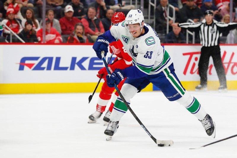 Vancouver Canucks center Bo Horvat (53) takes a shot in the first period against the Detroit Red Wings at Little Caesars Arena in Detroit, MI, USA, on Tuesday. — Reuters