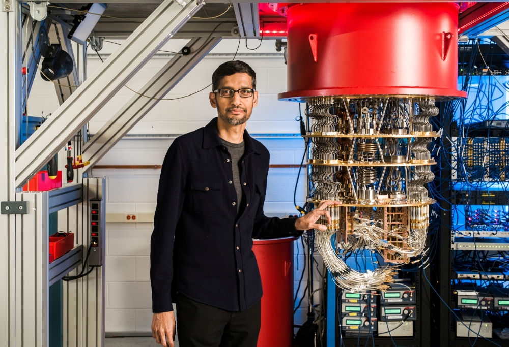 A handout picture from shows Sundar Pichai with one of Google's Quantum Computers in the Santa Barbara lab, California. — Reuters