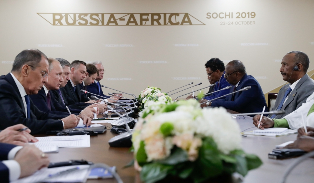 Russia's President Vladimir Putin, head of Sudan's transitional sovereign council Abdel Fattah Al-Burhan and other officials attend a meeting on the sidelines of the Russia-Africa Summit in Sochi, Russia on Wednesday. — Reuters