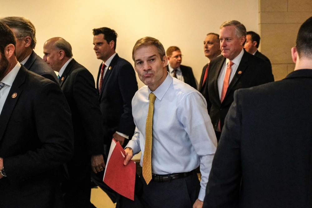 US House Oversight and Reform Committee ranking member Rep. Jim Jordan (R-OH), leaves a closed session along with House Republicans on Capitol Hill on Wednesday in Washington, DC. Deputy Assistant Secretary of Defense Laura Cooper was on Capitol Hill to testify before the committees as part of the ongoing impeachment inquiry against President Donald Trump. — AFP