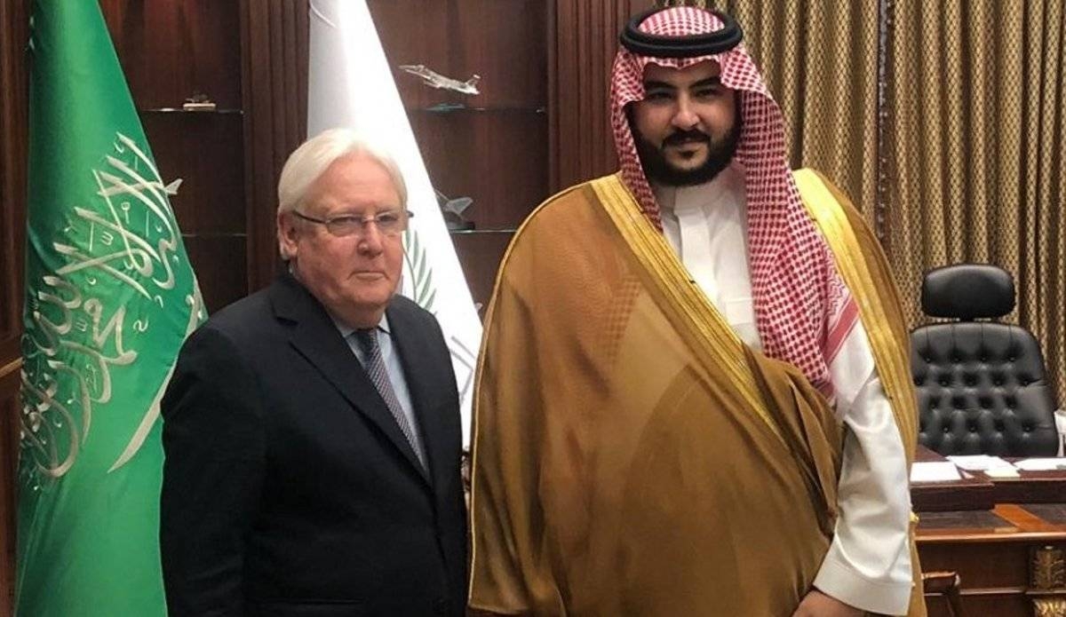 Deputy Minister of Defense Prince Khalid Bin Salman is seen with Martin Griffiths, the special envoy of the UN Secretary-General for Yemen, in Riyadh on Thursday. — Courtesy photo