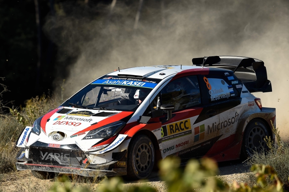 Estonian driver Ott Tanak steers his Toyota Yaris WRC assisted by Estonian co-driver Martin Jarveoja during the second day of the Catalonia 2019 FIA World Rally Championship on Friday in Gadesa, near Salou. — AFP