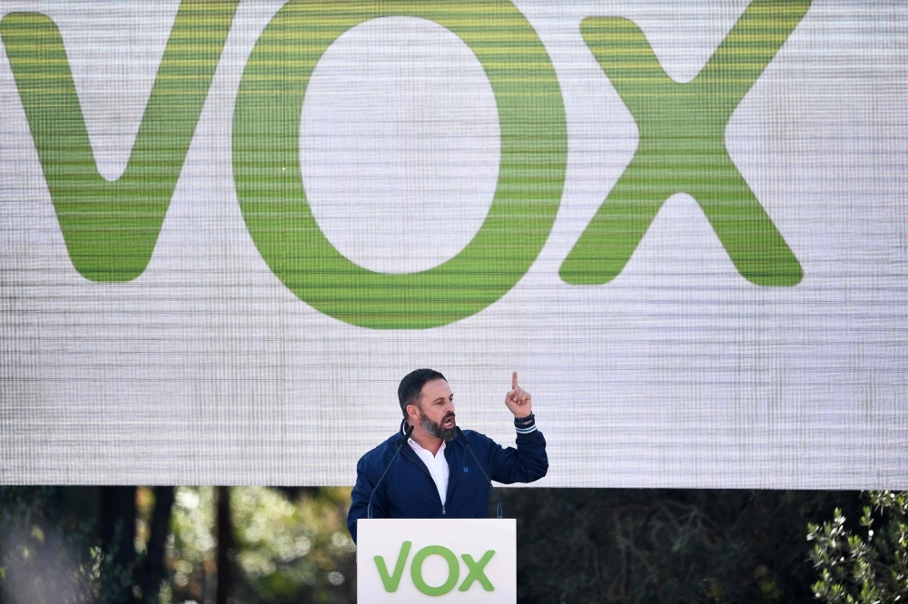 Spanish far-right Vox party leader Santiago Abascal delivers a speech during a rally, on Plaza de Colon square in Madrid in this Oct. 26, 2019 file photo. — AFP
