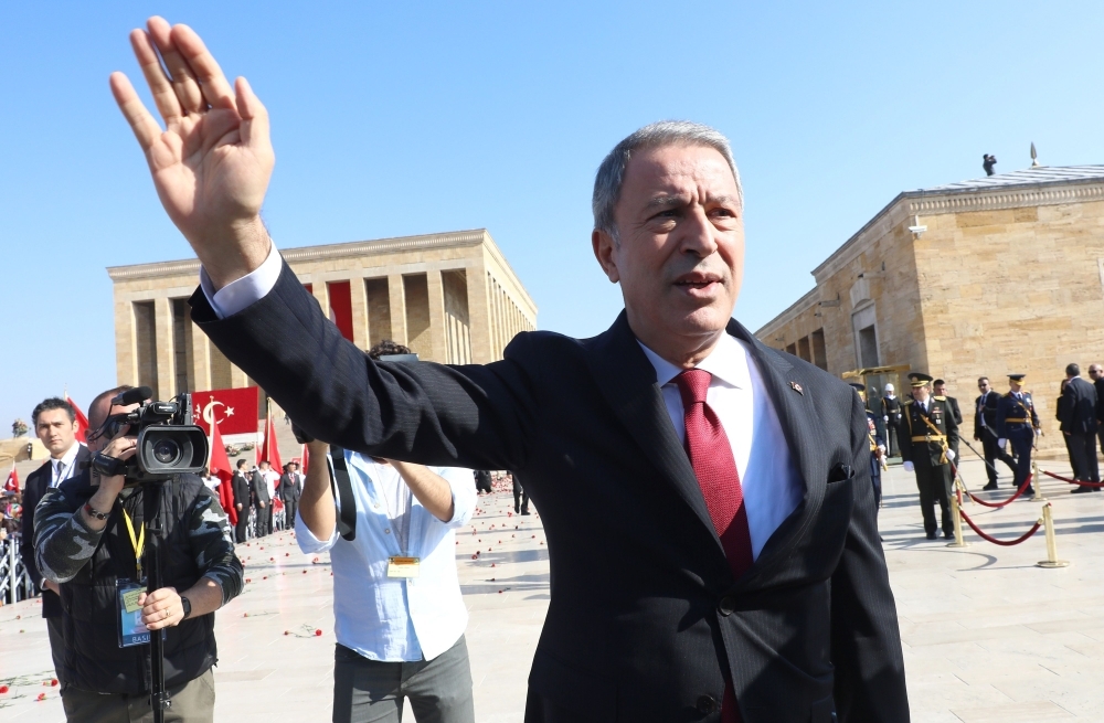 Turkish Defense Minister Hulusi Akar visits the Anitkabir, the mausoleum of Mustafa Kemal Ataturk, founder of Turkish Republic, as part of 96th Republic Day commemorations in Ankara on Tuesday. — AFP