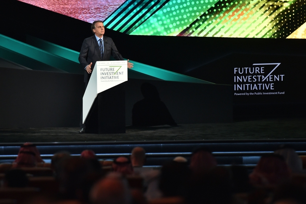 Brazilian President Jair Bolsonaro speaks during the Future Investment Initiative (FII) forum at the King Abdulaziz Conference Centre in Riyadh. AFP