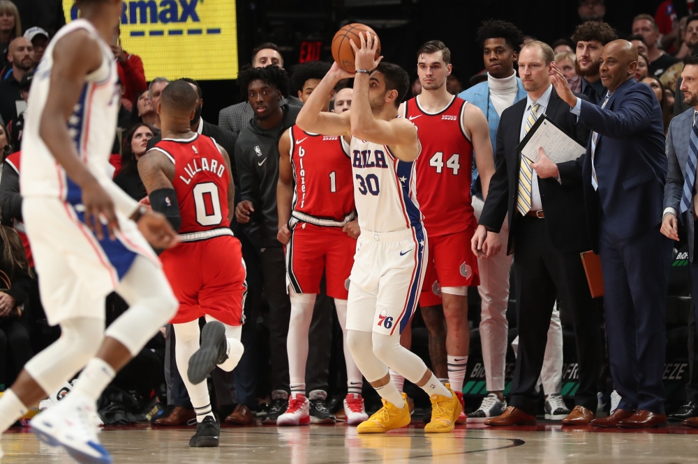 Philadelphia 76ers shoots the game-winning three-point shot to defeat the Portland Trail Blazers at Moda Center, Portland, OR, USA, on Saturday. — Reuters