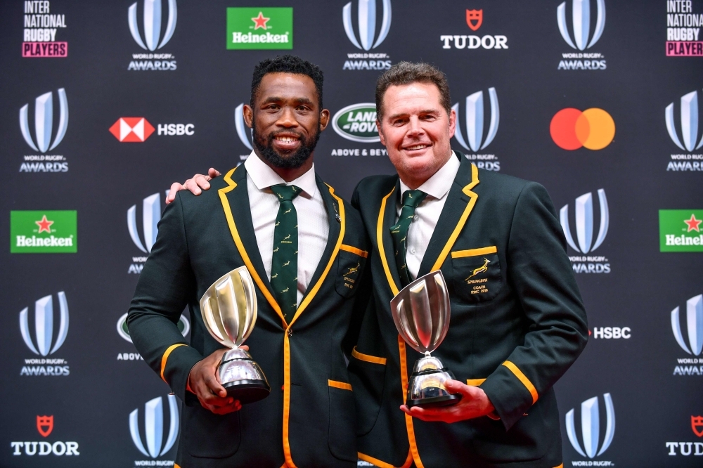 World Rugby Men’s 15s Player of the Year award winner Pieter-Steph du Toit of South Africa poses with the trophy following the World Rugby Awards 2019 ceremony in Tokyo, on Sunday. — AFP