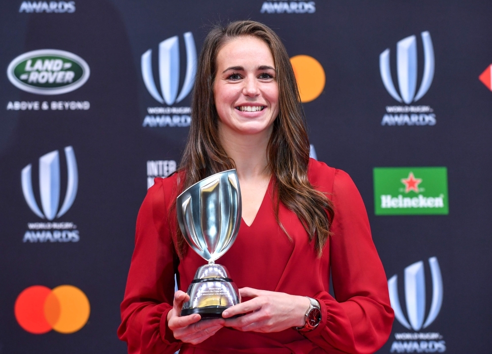 World Rugby Men’s 15s Player of the Year award winner Pieter-Steph du Toit of South Africa poses with the trophy following the World Rugby Awards 2019 ceremony in Tokyo, on Sunday. — AFP