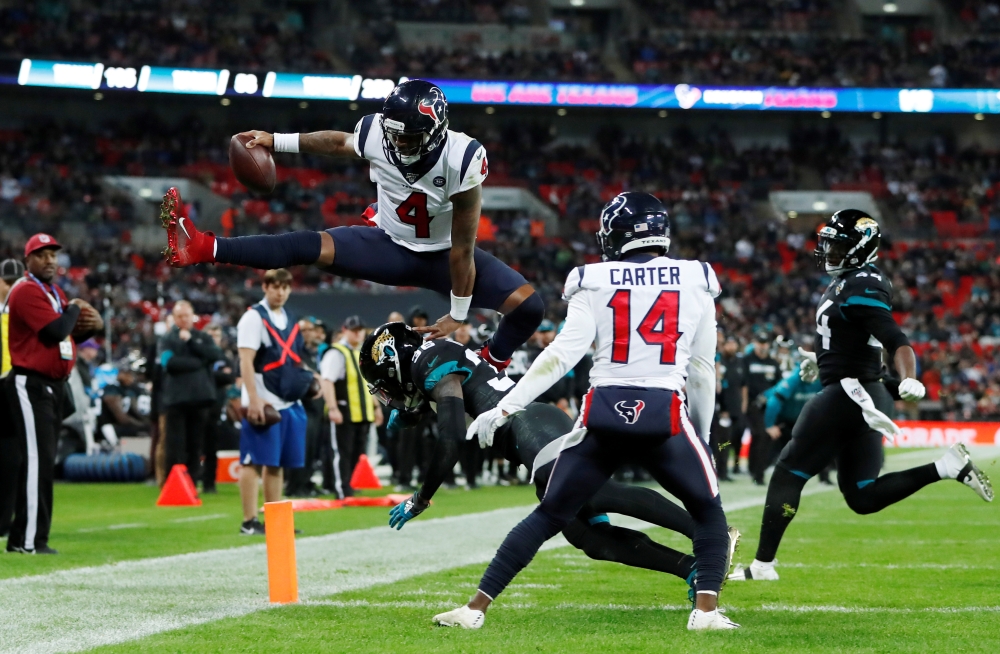 Houston Texans' Deshaun Watson attempts a touchdown against Jacksonville Jaguars in the NFL International Series at Wembley Stadium, London, Britain, on Sunday.  — Reuters/Paul Childs