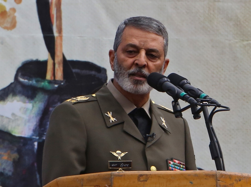 Commander-in-Chief of the Iranian Army Maj. Gen. Abdolrahim Mousavi speaks during a rally outside the former US embassy in the capital Tehran on Monday, to mark the 40th anniversary of the Iran hostage crisis. — AFP