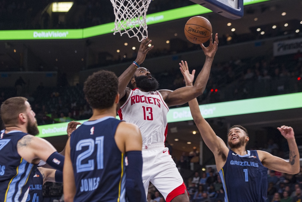 Houston Rockets guard James Harden (13) goes to the basket against Memphis Grizzlies forward Kyle Anderson (1) during the first half at FedExForum, Memphis, TN, USA, on Monday. — Reuters