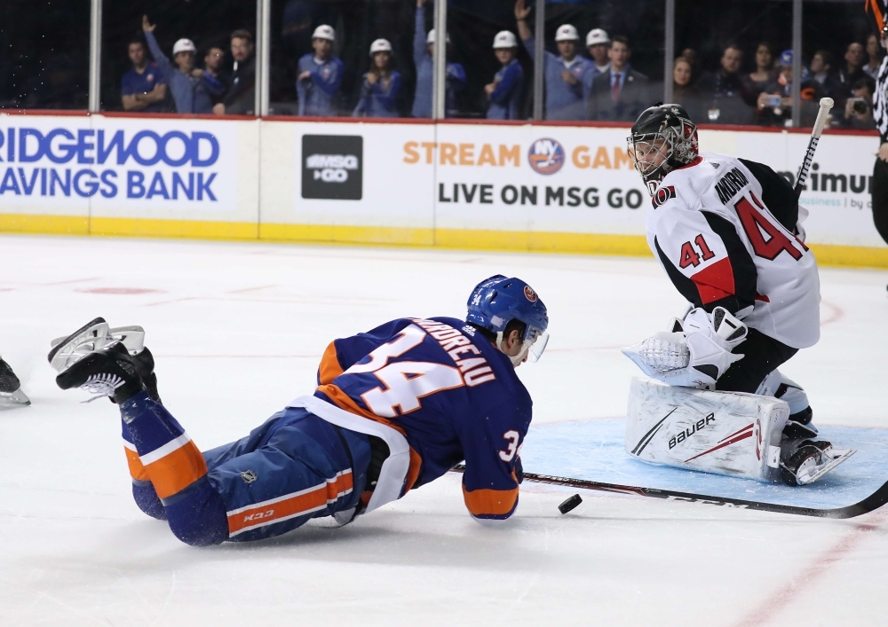 New York Islanders goaltender Thomas Greiss (1) makes a save on a shot by Ottawa Senators center Tyler Ennis (63) during the third period at Barclays Center, Brooklyn, NY, USA on Tuesday. — Reuters