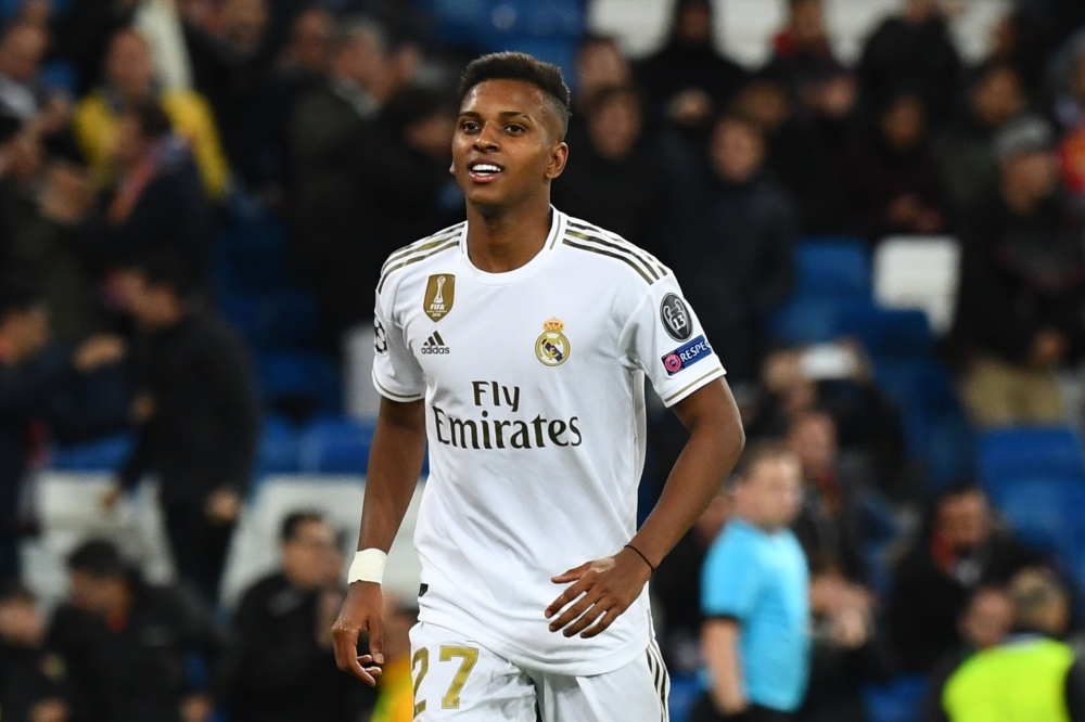 Real Madrid's Brazilian forward Rodrygo celebrates after scoring during the UEFA Champions League Group A football match between Real Madrid and Galatasaray at the Santiago Bernabeu stadium in Madrid on Wednesday. — AFP