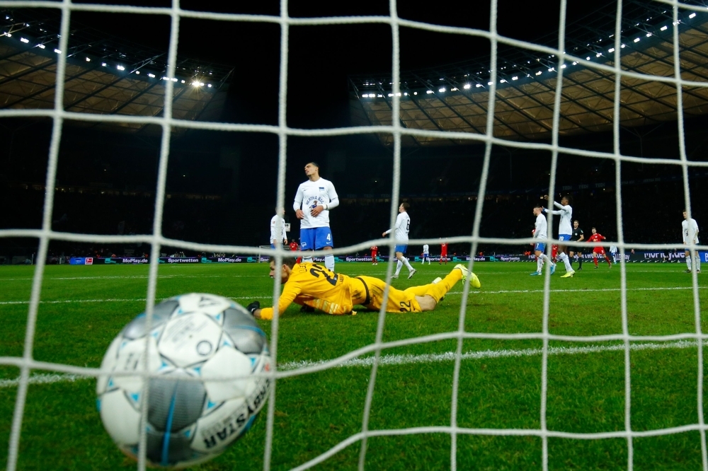 Leipzig's German forward Timo Werner (L) scores during the German first division Bundesliga football match Hertha BSC Berlin v RB Leipzig, at the Olymic Stadium in Berlin on Saturday. — AFP