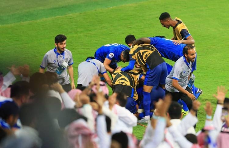 Al-Hilal's Andre Carrillo celebrates after scoring the winning goal with a header in the second half against Urawa Red Diamonds in the first leg of the AFC Champions League final at the King Saud University Stadium in Riyadh on Saturday.