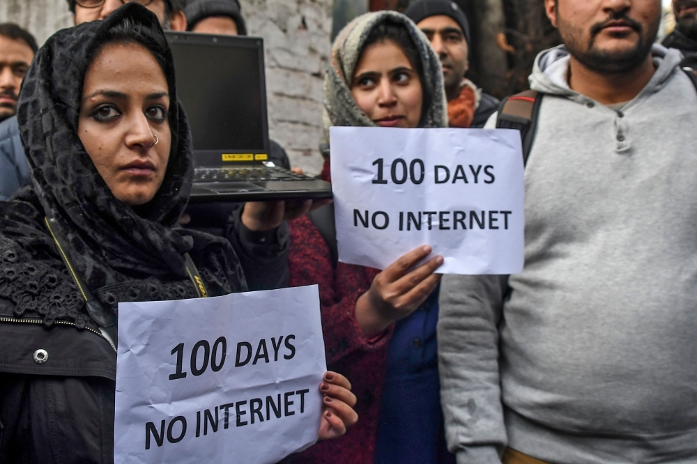 Kashmiri journalists protest against internet blockade put by India's government in Srinagar on Tuesday. — AFP