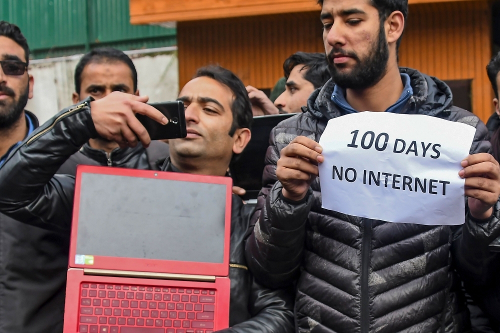 Kashmiri journalists protest against internet blockade put by India's government in Srinagar on Tuesday. — AFP