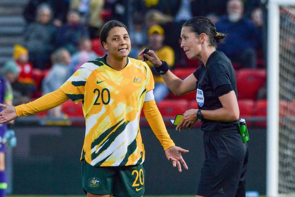 Australia's forward Sam Kerr (L) speaks with the referee during an international friendly football match between Australia and Chile at Coopers Stadium in Adelaide on Tuesday. — AFP