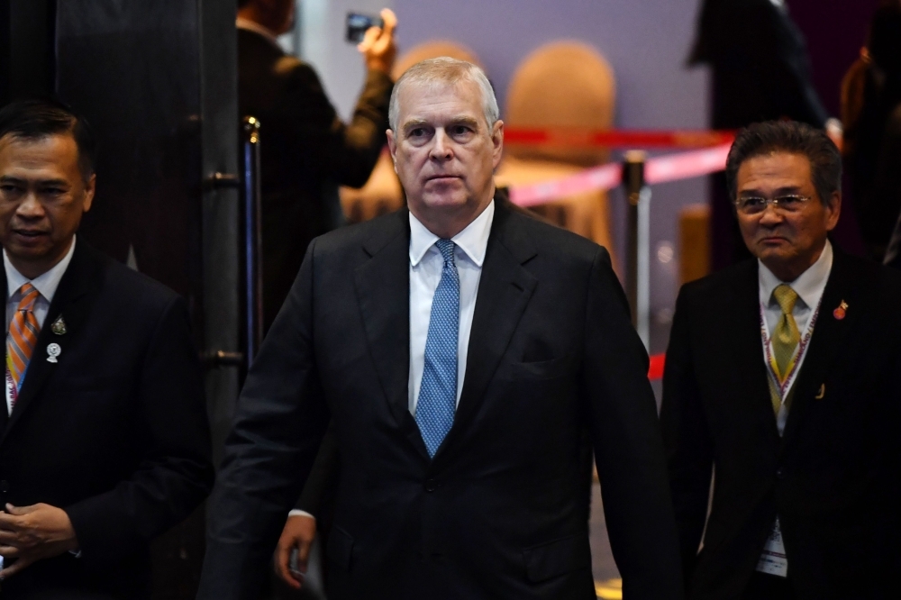 Britain's Prince Andrew, Duke of York leaves after speaking at the ASEAN Business and Investment Summit in Bangkok on November 3, 2019. -AFP 
