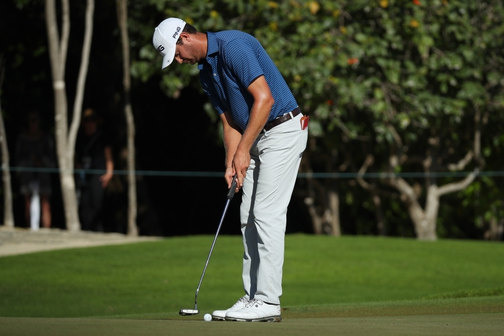Harris English of the United States plays his shot from the seventh tee during the second round of the Mayakoba Golf Classic at El Camaleon Mayakoba Golf Course in Playa del Carmen, Mexico, on Saturday. — AFP
