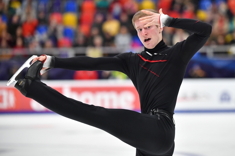Russia's Alexander Samarin performs his routine in the men's free skating during the Rostelecom Cup 2019 ISU Grand Prix of Figure Skating in Moscow on November 16, 2019. / AFP / Yuri KADOBNOV
