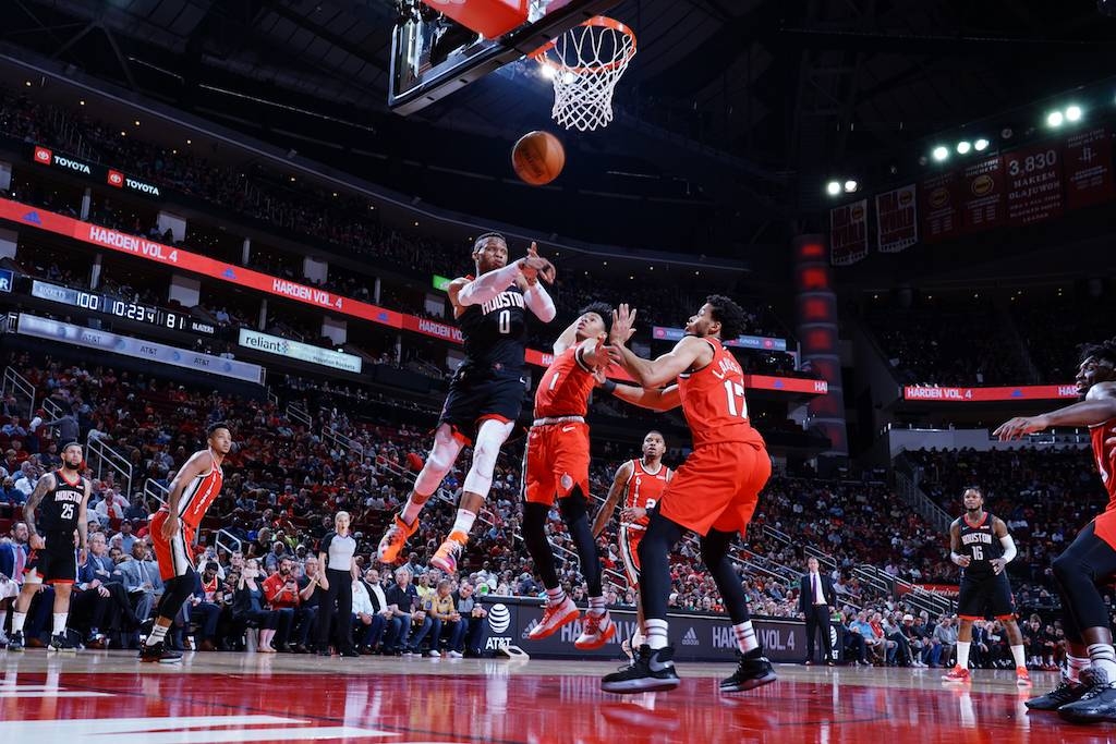 Russell Westbrook (0) of the Houston Rockets passes the ball during the game against the Portland Trail Blazers at the Toyota Center in Houston, Texas on Monday. — AFP