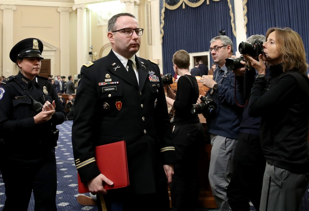 Lt. Col. Alexander Vindman, National Security Council Director for European Affairs, testifies before the House Intelligence Committee in the Longworth House Office Building on Capitol Hill on Tuesday. -AFP