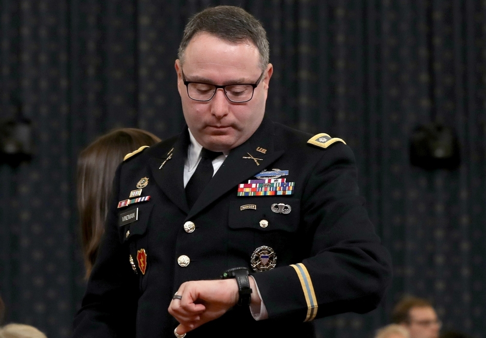 Lt. Col. Alexander Vindman, National Security Council Director for European Affairs, testifies before the House Intelligence Committee in the Longworth House Office Building on Capitol Hill on Tuesday. -AFP