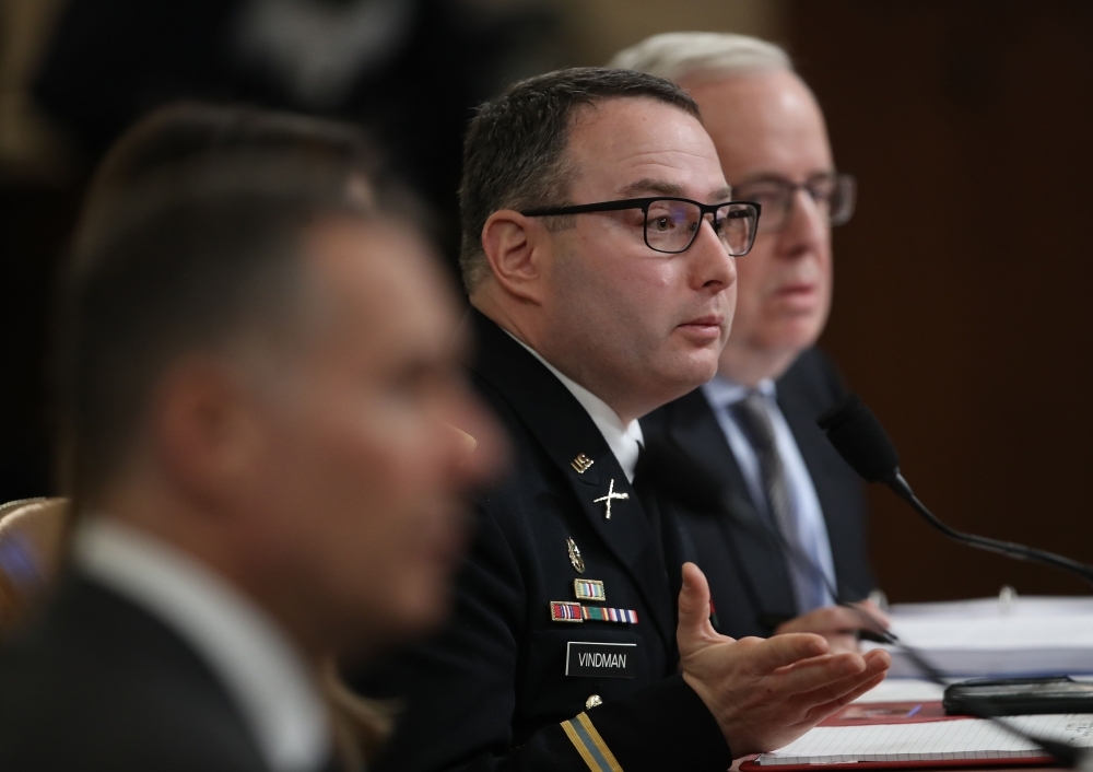 Lt. Col. Alexander Vindman, National Security Council Director for European Affairs, testifies before the House Intelligence Committee in the Longworth House Office Building on Capitol Hill on Tuesday. -AFP