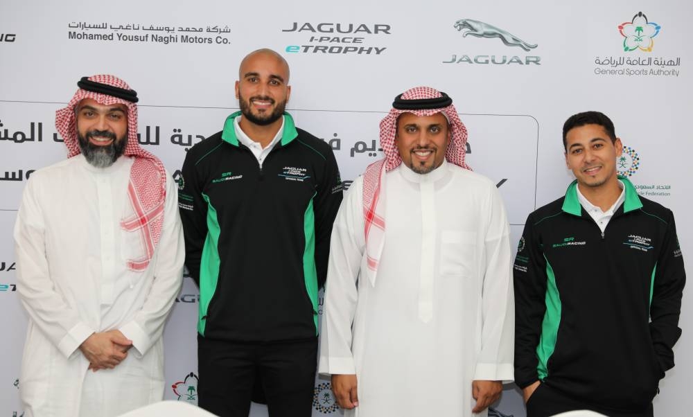 Prince Khaled Bin Sultan Al-Abdullah Al-Faisal, president of SAMF, and Eng. Anees Abduljaleel Jamjoum, CEO of Mohamed Yousuf Naghi Motors (MYNM), along with the new drivers Capt. Fahed Al-Kosaibi and Capt. Mashour Bin-Hojaila.