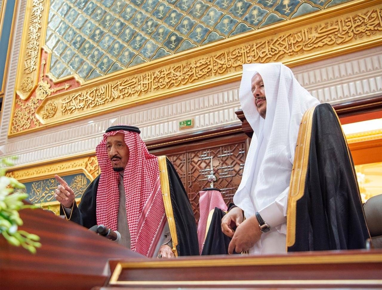 Custodian of the Two Holy Mosques King Salman, Crown Prince Muhammad Bin Salman, deputy premier and minister of defense, Shoura President Sheikh Abdullah Al-Asheikh prior to the Inauguration of the 7th session of the Shoura Council in Riyadh on Wednesday.