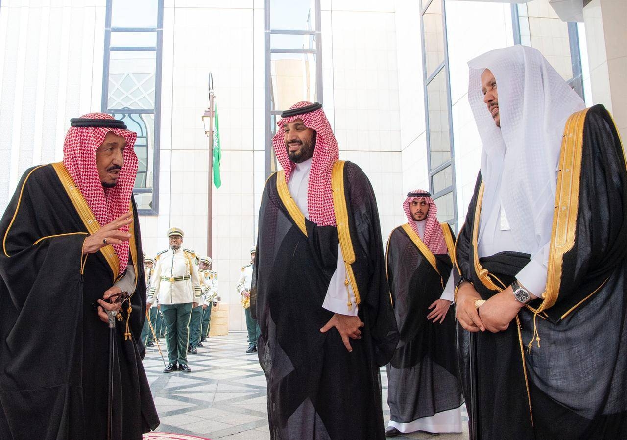 Custodian of the Two Holy Mosques King Salman, Crown Prince Muhammad Bin Salman, deputy premier and minister of defense, Shoura President Sheikh Abdullah Al-Asheikh prior to the Inauguration of the 7th session of the Shoura Council in Riyadh on Wednesday.