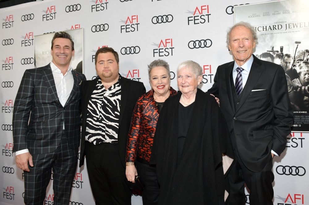 Jon Hamm, left, Paul Walter Hauser, second left Kathy Bates, center, Barbara 