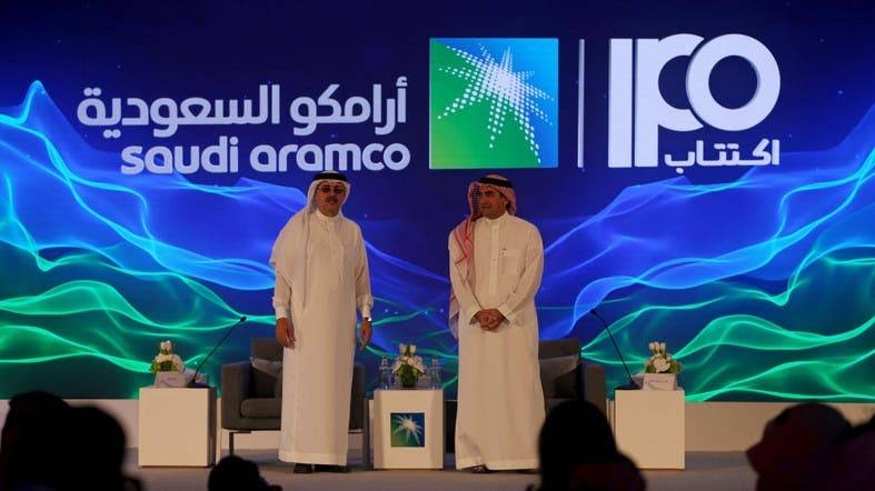Aramco Chairman Yasir Al-Rumayyan, right, and Aramco CEO Amin Nasser at the launch of the Aramco IPO on Nov. 17. 