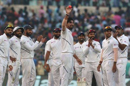 India's Ishant-Sharma shows off the pink ball, with his teammates applauding, after his five-wicket demolition of Bangladesh in the Day-Night Test at Kolkata on Friday.