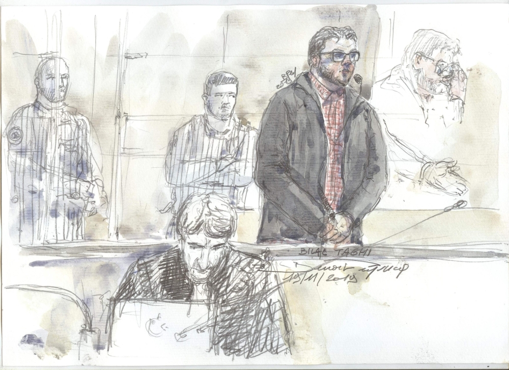 This court sketch made on Nov. 19, 2019 shows Bilal Taghi, a radicalized member of Daesh (the so-called IS), on trial at the criminal court in Paris after he attacked two prison guards at the Osny prison facility in 2016. — AFP