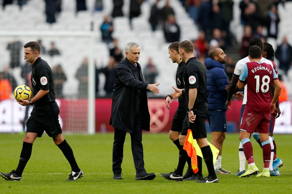 Tottenham Hotspur's Portuguese head coach Jose Mourinho reacts at the final whistle during the English Premier League football match between West Ham United and Tottenham Hotspur at The London Stadium, in east London on Saturday. Tottenham Hotspur beat West Ham United 3-2. — AFP