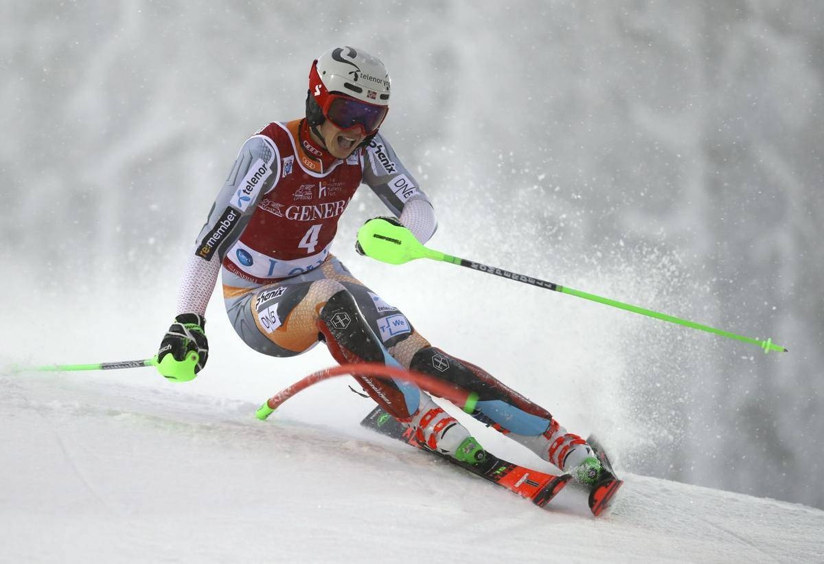 Norway's Henrik Kristoffersen, center, winner of an alpine ski, men's slalom, poses with second placed France Clement Noel, left, and third place Switzerland's Daniel Yule, in Levi, Finland, on Sunday. — Courtesy photo