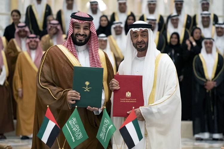 Crown Prince Muhammad Bin Salman, deputy premier and minister of defense, and Abu Dhabi's Crown Prince Sheikh Mohammad Bin Zayed at the Qasr Al Watan Palace on Wednesday.