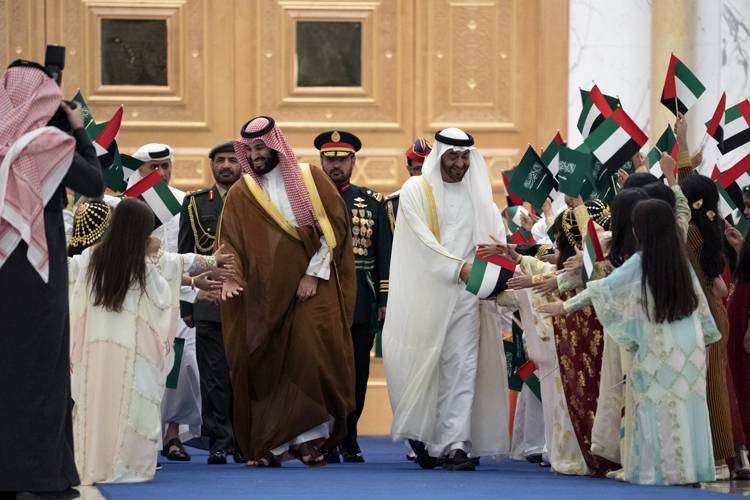 Crown Prince Muhammad Bin Salman, deputy premier and minister of defense, and Abu Dhabi's Crown Prince Sheikh Mohammad Bin Zayed at the Qasr Al Watan Palace on Wednesday.