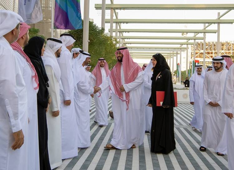 Crown Prince Muhammad Bin Salman, deputy premier and minister of defense, and UAE Vice President and Prime Minister and Dubai Ruler Sheikh Mohammed Bin Rashid are greeted by officials at the Zabeel Palace on Thursday.