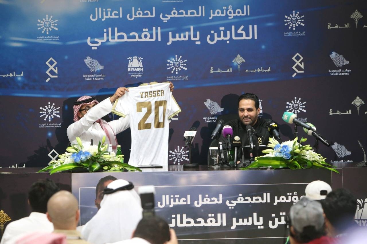 legendary Saudi footballer Yasser Al-Qahtani speaking at a press conference in Riyadh on Saturday.