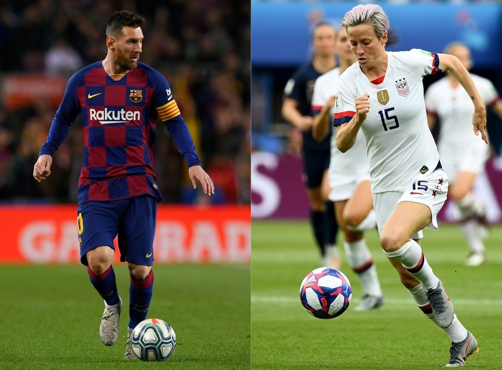 This combination of file photographs created on Nov. 26, 2019, shows (L) Barcelona's Argentine forward Lionel Messi controlling the ball during the Spanish league football match between FC Barcelona and RC Celta de Vigo at the Camp Nou stadium in Barcelona on Nov. 9, 2019 and United States' forward Megan Rapinoe (R) fighting for the ball during the 2019 Women's World Cup quarter-final football match between France and United States at The Parc des Princes stadium in Paris on June 28, 2019. The Ballon d'Or ceremony will take place on Monday in Paris. — AFP