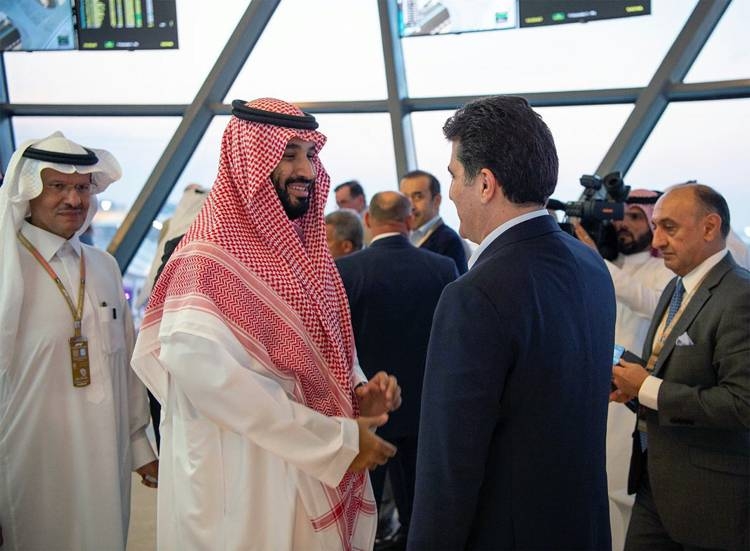 Crown Prince Muhammad Bin Salman, deputy premier and minister of defense, is seen Sheikh Mohammed Bin Zayed Al Nahyan, Crown Prince of Abu Dhabi, at the Formula 1 Etihad Airways Abu Dhabi Grand Prix 2019  at Yas Marina Circuit.