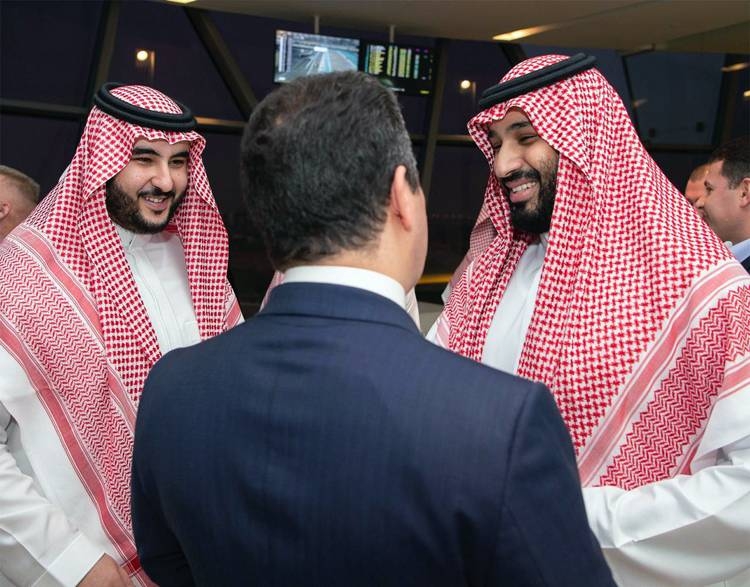 Crown Prince Muhammad Bin Salman, deputy premier and minister of defense, is seen Sheikh Mohammed Bin Zayed Al Nahyan, Crown Prince of Abu Dhabi, at the Formula 1 Etihad Airways Abu Dhabi Grand Prix 2019  at Yas Marina Circuit.