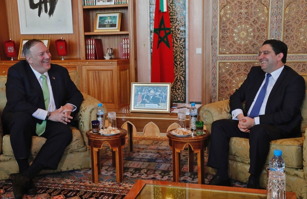 US Secretary of State Mike Pompeo, left, meets with Morocco's Foreign Minister Nasser Bourita during his visit to Rabat on Thursday. — AFP