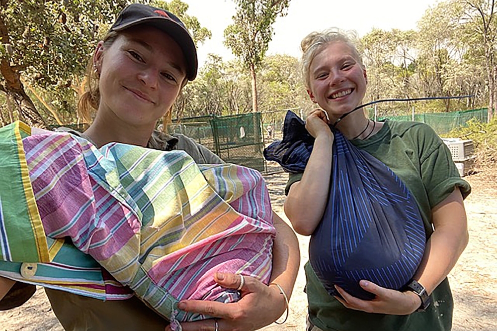 An undated handout photo taken and released by Walkabout Wildlife Park shows volunteers holding wild animals in bags in Calga, north of Sydney. — AFP