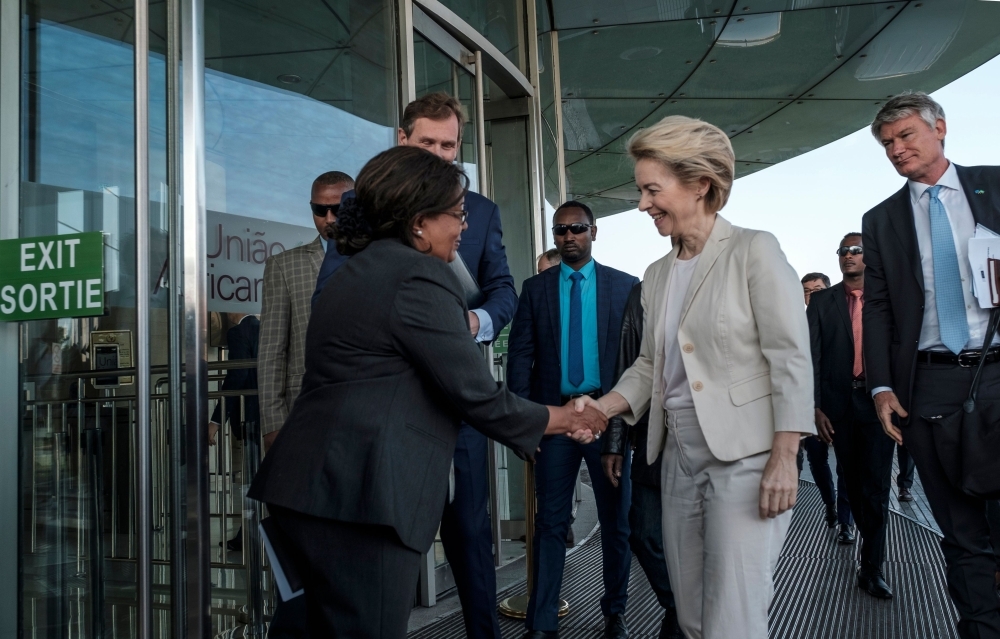 The President of the European Commission, Ursula von der Leyen, is welcomed by African Union's personnel during her visit in Addis Ababa, on Saturday. -AFP